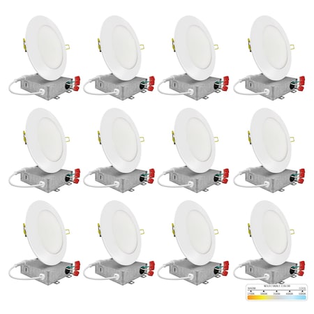 Slim Recessed Round LED Ceiling Light, 4 Inch, 9W, Dimmable, White Trim, PK 12